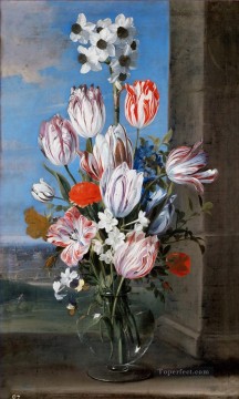 Ambrosius Bosschaert Painting - Bouquet of flowers in a glass vase on a windowsill Ambrosius Bosschaert
